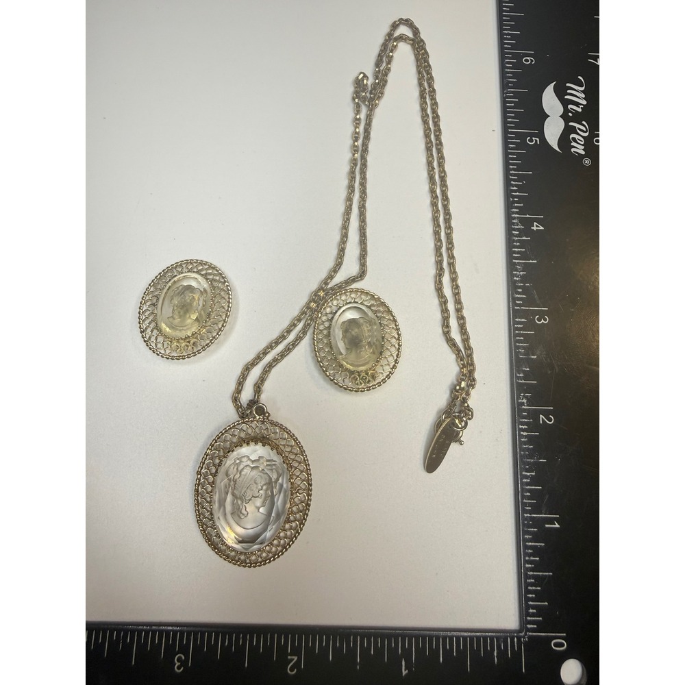 Whiting & Davis Intaglio Glass Cameo Necklace and Clip Earrings Jewelry Set Gold